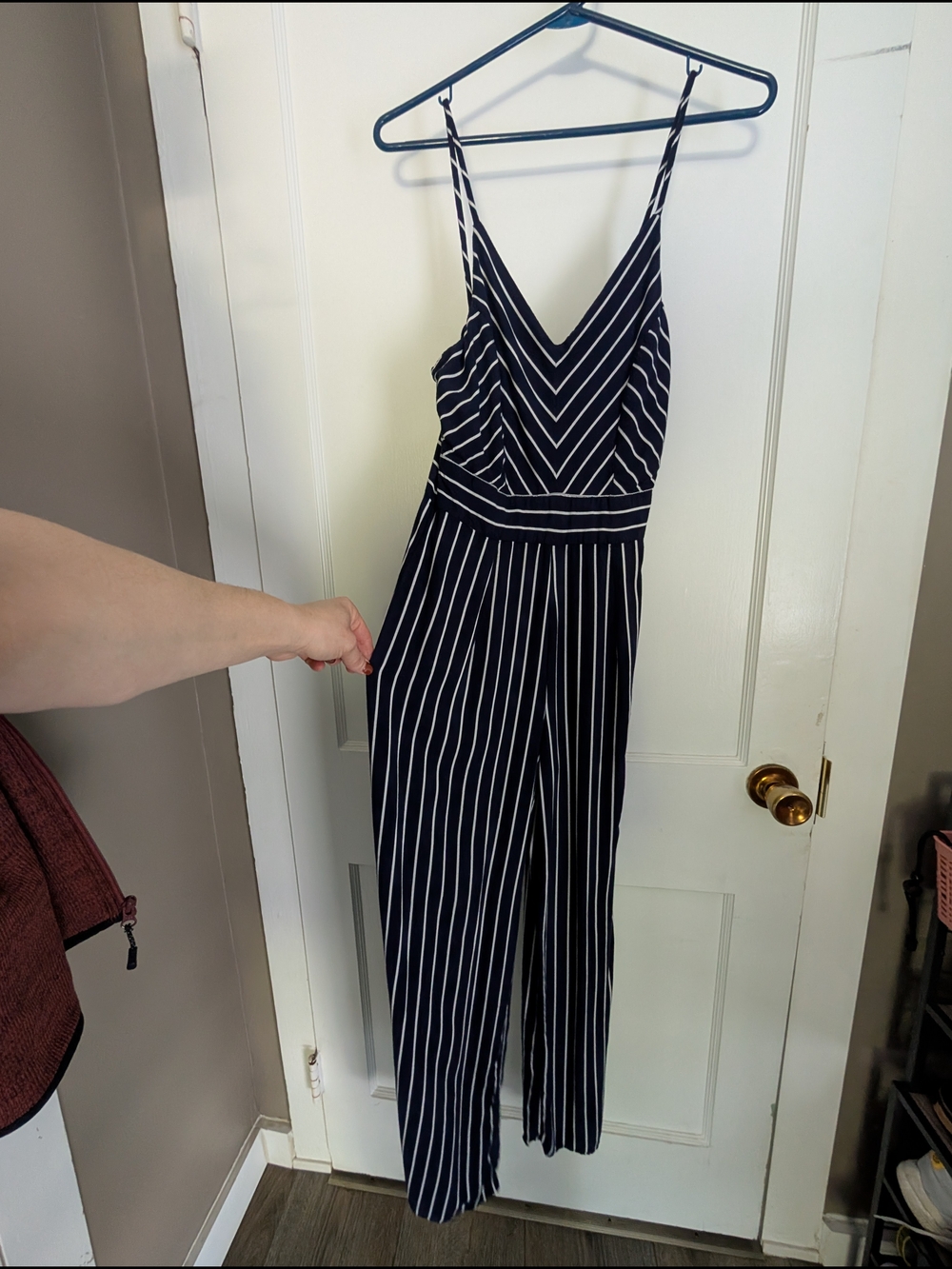 Derek Heart Navy and White Vertical Stripe Spaghetti-Strap Jumpsuit